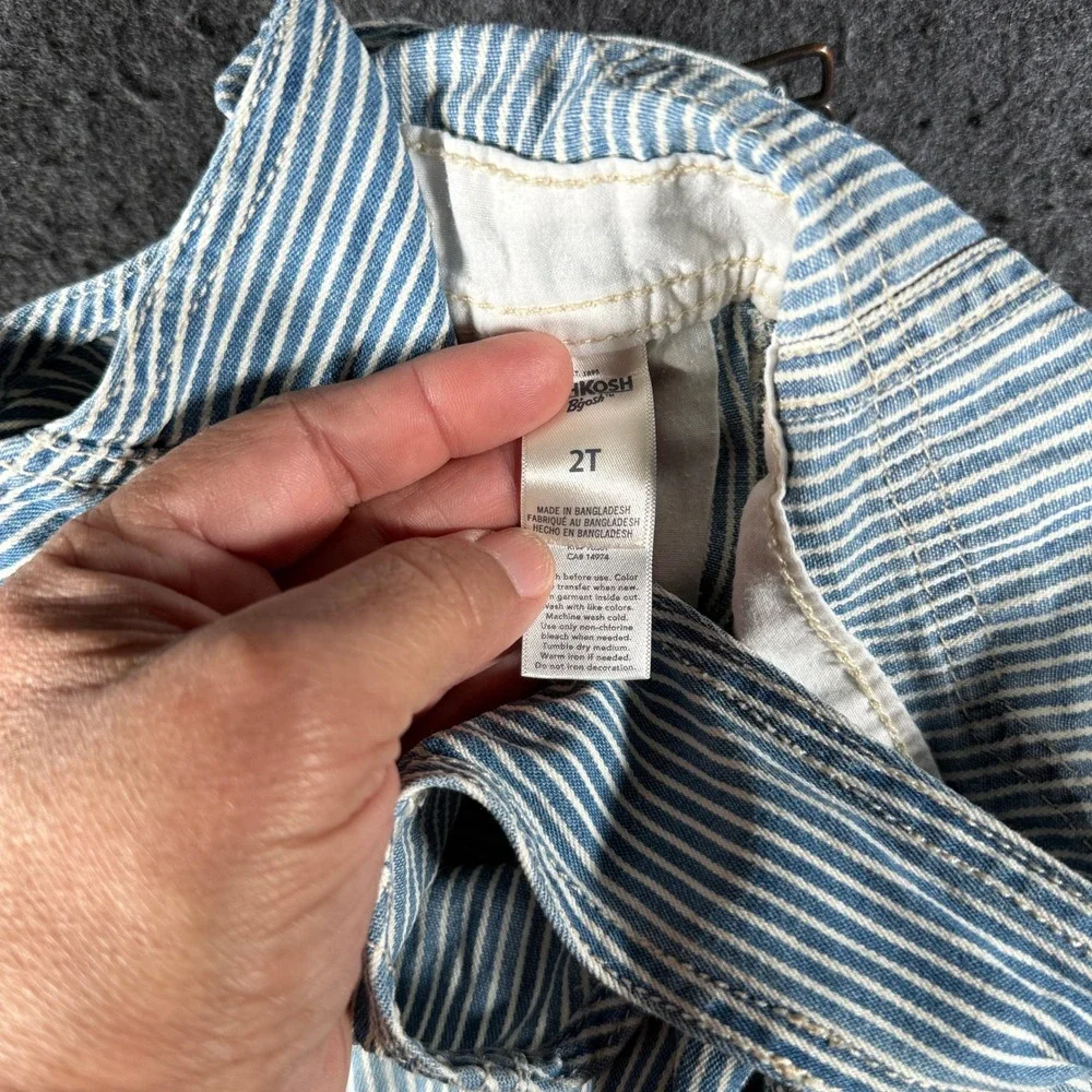 OshKosh Bgosh Toddler 2T Hickory Stripe Denim Shortalls Blue White Overalls